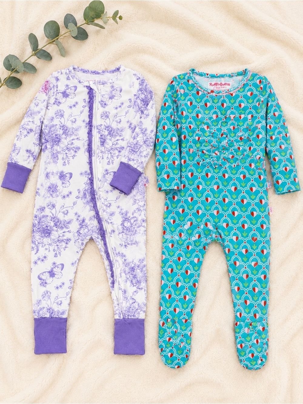 Ruffle Butts Purple Floral & Teal Pattern Footed Baby One-Pieces (2)